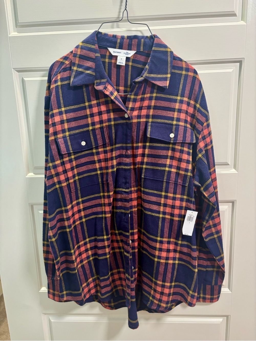 Old Navy Navy Plaid Utility Shacket with Pink and Yellow Stripes